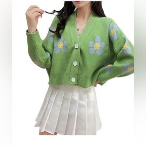 HAPPY FLOWER CROP BUTTON DOWN CARDIGAN